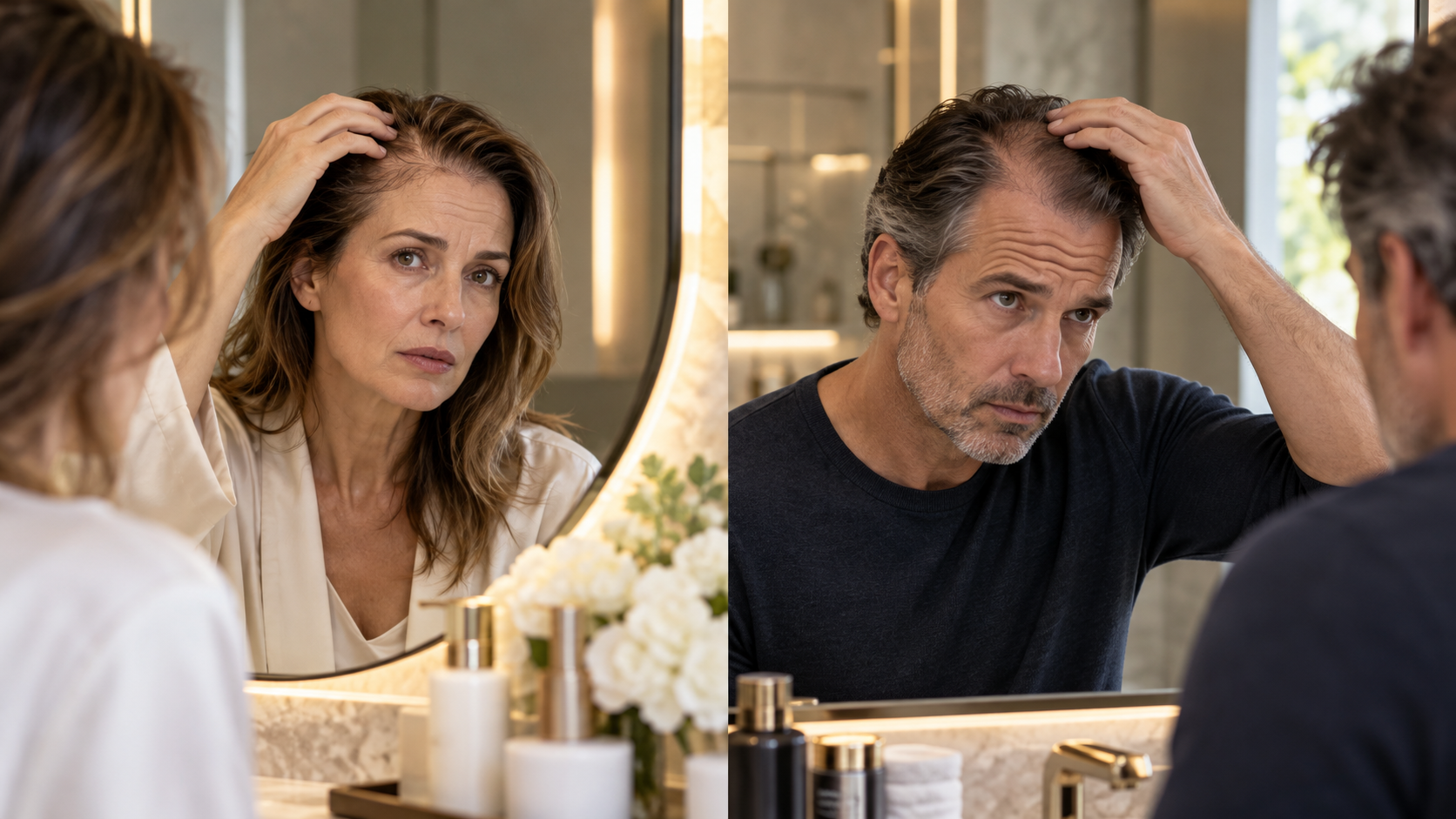 Woman and man examining thinning hair and receding hairlines in mirrors, illustrating hair loss concerns and hair restoration services in Manasquan, NJ.